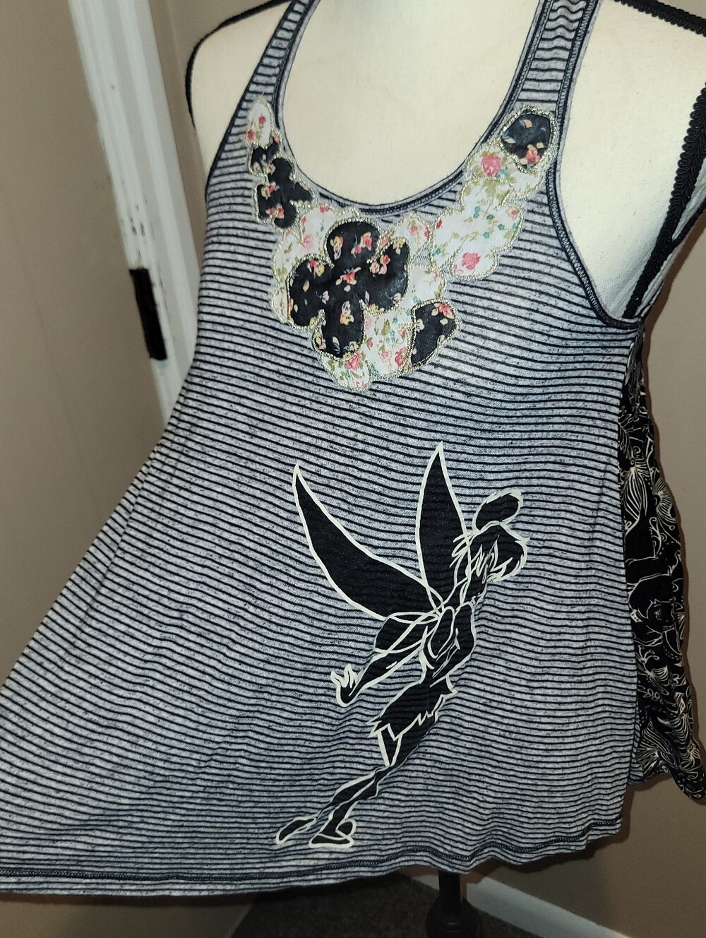 Disney Black & White Striped Tinker Bell Tank Top with Floral Neckline